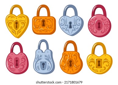 Lock various shapes vintage cartoon set. Old padlock for safety and security protection design element. Metal golden and shiny silver locks for game, web or app ui icon locking privacy or encryption