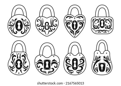 Lock various shapes vintage icon set. Old padlock for safety security protection design element. Private access symbol locks for logo, game, web or app ui icon locking privacy or encryption vector