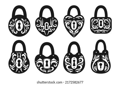 Lock various shapes vintage icon set. Old padlock stamp, safety security protection design element. Private access symbol locks for logo, game, web or app ui icon locking privacy or encryption vector