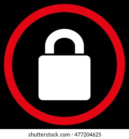 Lock vector bicolor rounded icon. Image style is a flat icon symbol inside a circle, red and white colors, black background.