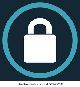 Lock vector bicolor rounded icon. Image style is a flat icon symbol inside a circle, blue and white colors, dark blue background.