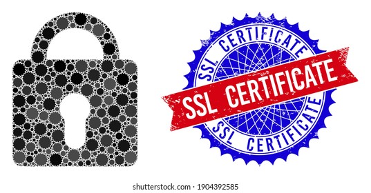 Lock vector composition of sharp rosettes and SSL CERTIFICATE dirty stamp seal. Bicolor SSL CERTIFICATE stamp seal uses rosette shape, red and blue colors.