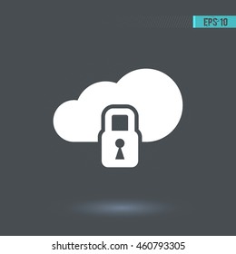 Lock vector icon. Cloud pictogram. Graphic symbol for web design, logo. White glyph on a gray background. Isolated sign.