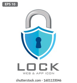 Lock vector icon. Cyber security system, access control, protection abstract business logo. Close padlock, secure shield, guard icon. Corporate identity logotype, Vector Illustration
