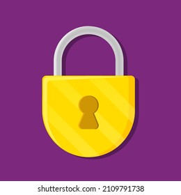 Lock vector icon isolated on blue background, yellow padlock shape illustration, flat cartoon design
