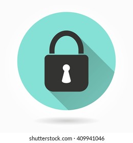Lock   vector icon with long shadow. White illustration isolated on green background for graphic and web design.  