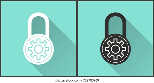 Lock vector icon with long shadow. Illustration isolated on green background for graphic and web design.