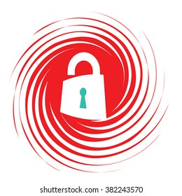 Lock vector icon - white lock on red whirlpool as safety in danger symbol. Alarm icon, awareness and protection concept. Radial shape on swirl and white lock silhouette on red. Vector design element.