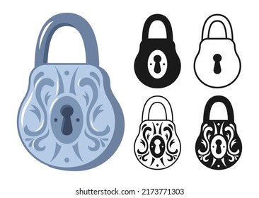 Lock Vintage Icon Set. Old Padlock For Safety And Security Symbol Protection Design Element. Metal Cartoon Shiny Locks Sign, Game, Web Or App Ui Locking Privacy Or Encryption Logo