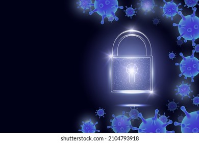 Lock and viruses, glowing neon lights, vector illustration. Security, protection. Coronavirus lockdown poster template with copy space.