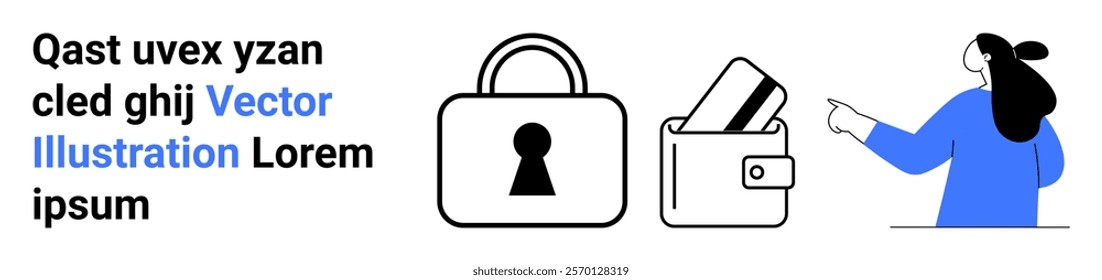 A lock and a wallet with credit cards and a person pointing. Ideal for online security, payment methods, e-commerce, digital wallets, financial security. Banner for landing page