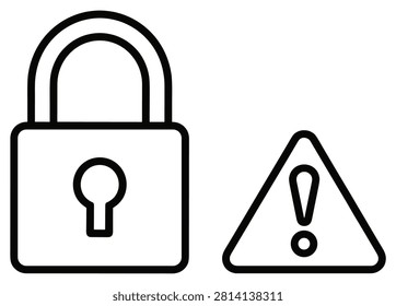 Lock and warning triangle icons in black outline style with security triangle exclamation protection interface minimalist information attention