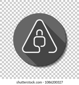 Lock in warning triangle. Linear icon with thin outline. One line style. White flat icon with long shadow in circle on transparent background. Badge or sticker style