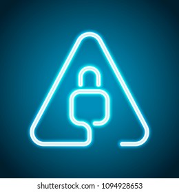 Lock in warning triangle. Linear icon with thin outline. One line style. Neon style. Light decoration icon. Bright electric symbol