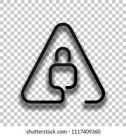 Lock in warning triangle. Linear icon with thin outline. One line style. Black glass icon with soft shadow on transparent background