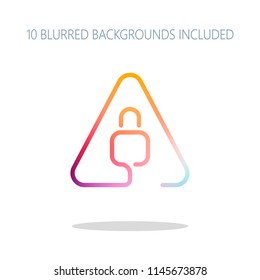 Lock in warning triangle. Linear icon with thin outline. One line style. Colorful logo concept with simple shadow on white. 10 different blurred backgrounds included