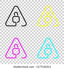 Lock in warning triangle. Linear icon with thin outline. One line style. Colored set of cmyk icons on transparent background