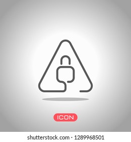 Lock in warning triangle. Linear icon with thin outline. One line style. Icon under spotlight. Gray background