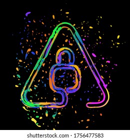 Lock in warning triangle. Linear icon with thin outline. One line style. Colored ink with splashes on black background