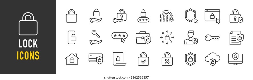 Lock web icons in line style. Security, safe, document, unlock, protection, issue, collection. Vector illustration.