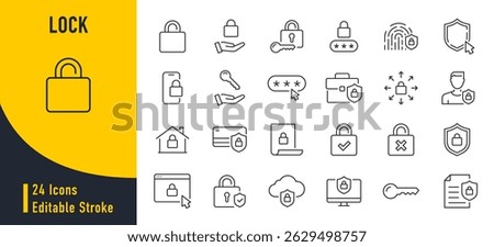 Lock web icons in line style. Security, safe, document, unlock, protection, issue, collection. Vector illustration.