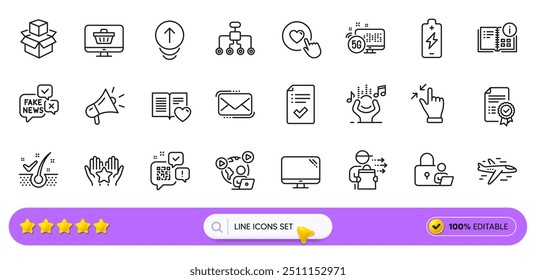 Lock, Web shop and 5g internet line icons for web app. Pack of Like button, Messenger mail, Video conference pictogram icons. Battery charging, Computer, Ranking signs. Megaphone. Search bar. Vector