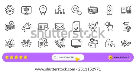 Lock, Web shop and 5g internet line icons for web app. Pack of Like button, Messenger mail, Video conference pictogram icons. Battery charging, Computer, Ranking signs. Megaphone. Search bar. Vector