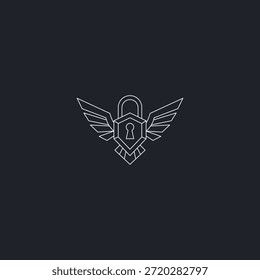 Bloqueio e logotipo de arte de linha asa representando liberdade, segurança e confiança.