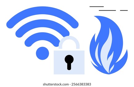 Lock and wireless signal in blue next to a flame symbol representing firewall. Ideal for cybersecurity web design technology protection network safety digital security and data privacy themes. Flat