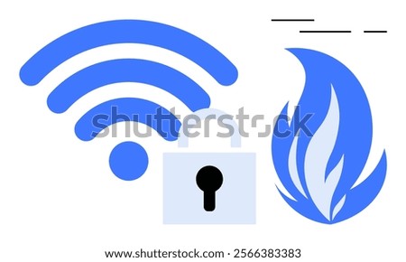 Lock and wireless signal in blue next to a flame symbol representing firewall. Ideal for cybersecurity web design technology protection network safety digital security and data privacy themes. Flat