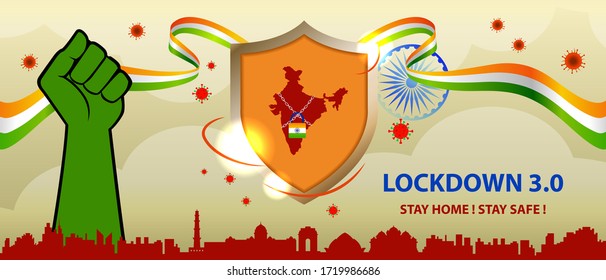 Lockdown 3.0 extended lockdown. Stay home stay safe. New lockdown divided into green orange and red zone. India will fight against Covid-19 for website and social media post. Vector Illustration for b