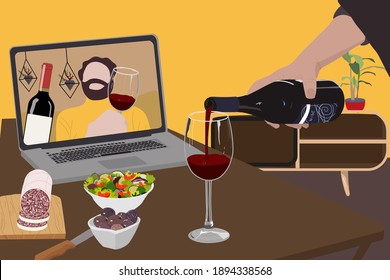 Lockdown aperitif video call party. Adult men are making a pre-meal aperitif with snacks, wine, and  appetizers together at home using teleconference platform apps 