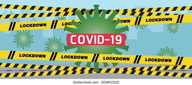 Lockdown barrier tape over city. Coronavirus pandemic.