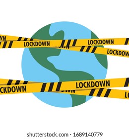 Lockdown barrier tape over planet earth. Warning yellow dangerous symbol. Global quarantine on coronavirus outbreak.