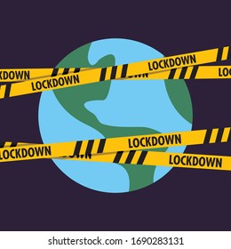 Lockdown barrier tape over planet earth. Warning yellow dangerous symbol. Global quarantine on coronavirus outbreak.