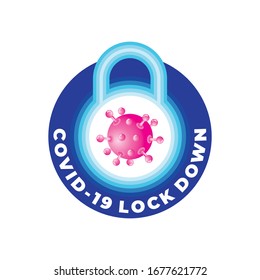 lockdown caution coronavirus. Pandemic medical concept Blue Lock with pink  coronavirus bacteria inside
