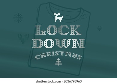 Lockdown Christmas lettering is made of thick round knits. Flat style sign with a set of bonus icons. Perfect for the 2022 New Year, Ugly Sweater Party, Christmas souvenirs design like a T-shrt.