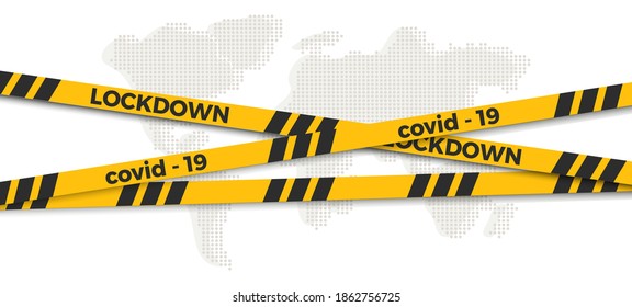 Lockdown city barrier tape quarantine. Coronavirus pandemic puts countries on lockdown. LOCKDOWN yellow sign. Lock down concept for virus outbreak, stay at home vector symbol.