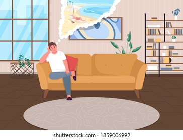 Lockdown depression flat color vector illustration. Self isolation during pandemic. Sad guy think of holiday. Man dreaming of vacation 2D cartoon characters with home interior on background