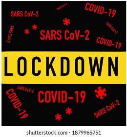 Sperrung aufgrund des Coronavirus. Total Quarantine, Stopp Coronavirus Outbreak, Coronacrisis Concept. Warnbanner mit gelbem Streifen und dunklen Viruszellen auf gelbem Hintergrund. Vektorgrafik