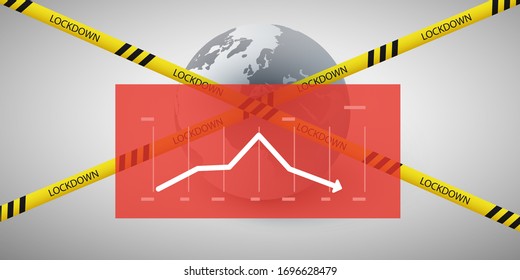 Lockdown Due to Global Pandemic - Negative Effect on Global Economy  - Vector Design Concept with Earth Globe, Cordon Line, Padlock and Chart