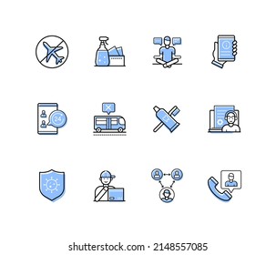 Bloqueo durante la pandemia - iconos de estilo de diseño de línea moderna con trazo editable. Sanitizer, fronteras cerradas, avión, bus, transporte público, protección de virus, online, entrega de mensajería, idea de pandemia