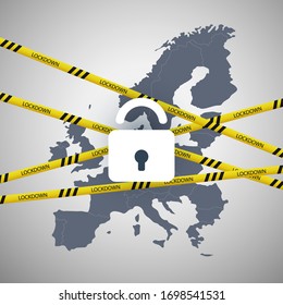 Lockdown in the European Union - Vector Design Concept with Map of EU, Cordon Tapes and Padlock - Movement Control Order, Emergency State Restrictions to Fight Against the Spreading of Coronavirus