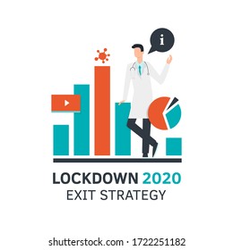 Lockdown Exit Strategy Concept. Quarantine, Lifting Lockdown Plan. Vector Flat Style Illustration. Coronavirus, Covid, Economy Recovery. Infographic Diagram. Stock Market, Doctor. Financial Outbreak