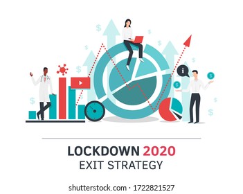 Lockdown Exit Strategy Concept. Quarantine, Lifting Lockdown Plan. Vector Flat Style Illustration. Coronavirus, Covid, Economy Recovery. Infographic Diagram. Stock Market, Doctor. Financial Outbreak