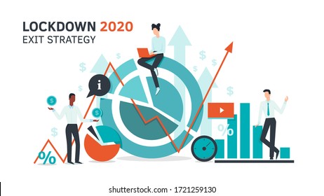 Lockdown exit strategy. Quarantine, lifting lockdown plan. Vector flat style illustration. Coronavirus, Covid, economy. Infographic diagram. Expert. stock market. Article, overview, mailing list.