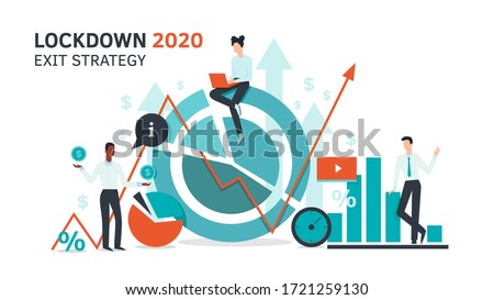 Lockdown exit strategy. Quarantine, lifting lockdown plan. Vector flat style illustration. Coronavirus, Covid, economy. Infographic diagram. Expert. stock market. Article, overview, mailing list.