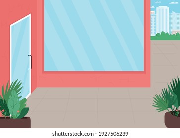 Lockdown flat color vector illustration. Businesses closing due to corona virus pandemic. Social distance rules for people. Empty streets 2D cartoon cityscape with closed stores on background