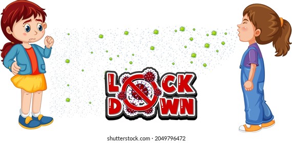 Lockdown font in cartoon style with a girl look at her friend sneezing isolated on white background illustration