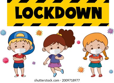 Lockdown font design with many kids wearing medical mask on white background illustration